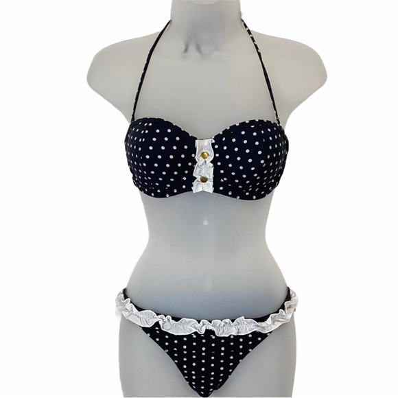 Chic Black Polka Dot Bikini with Ruffle Trim - Picture 1 of 7